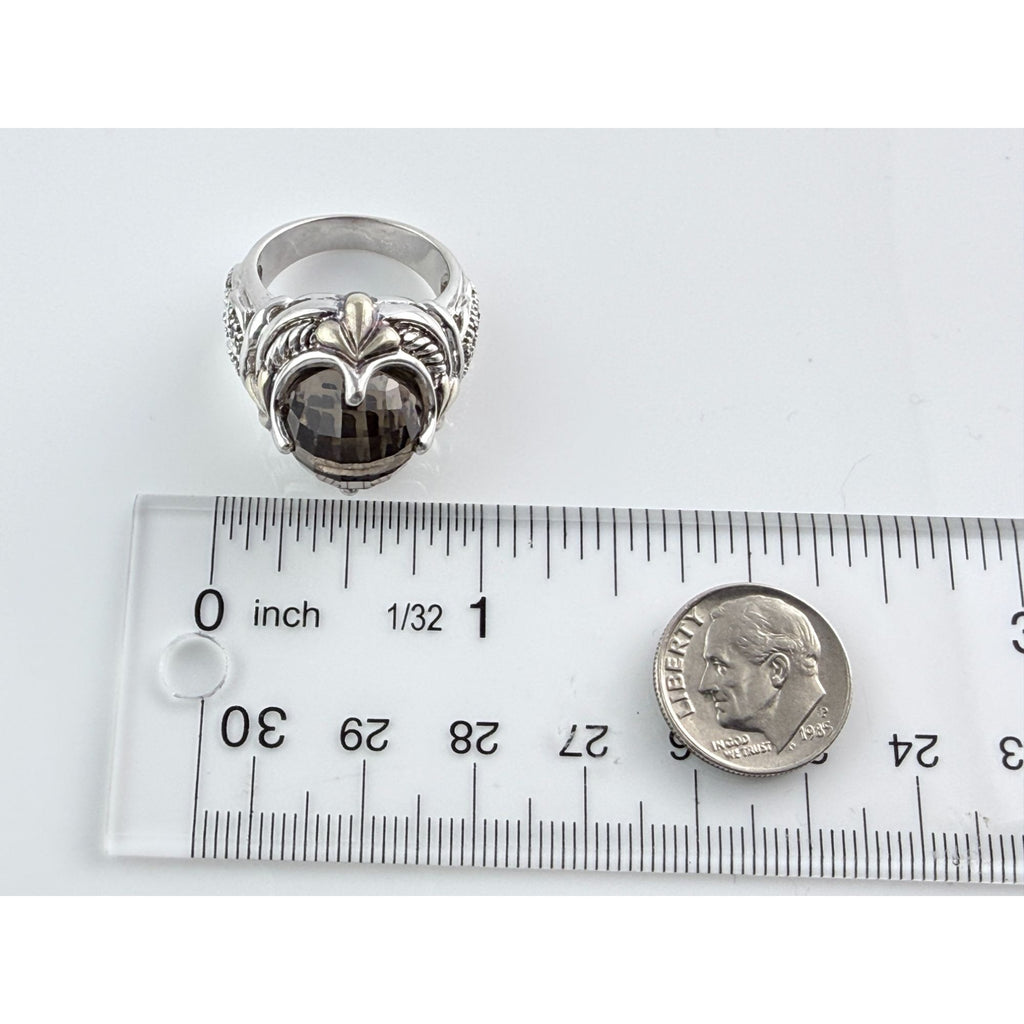 Designer Sterling Silver Faceted Smoky Quartz and Rock Crystal Ring Size 7.75