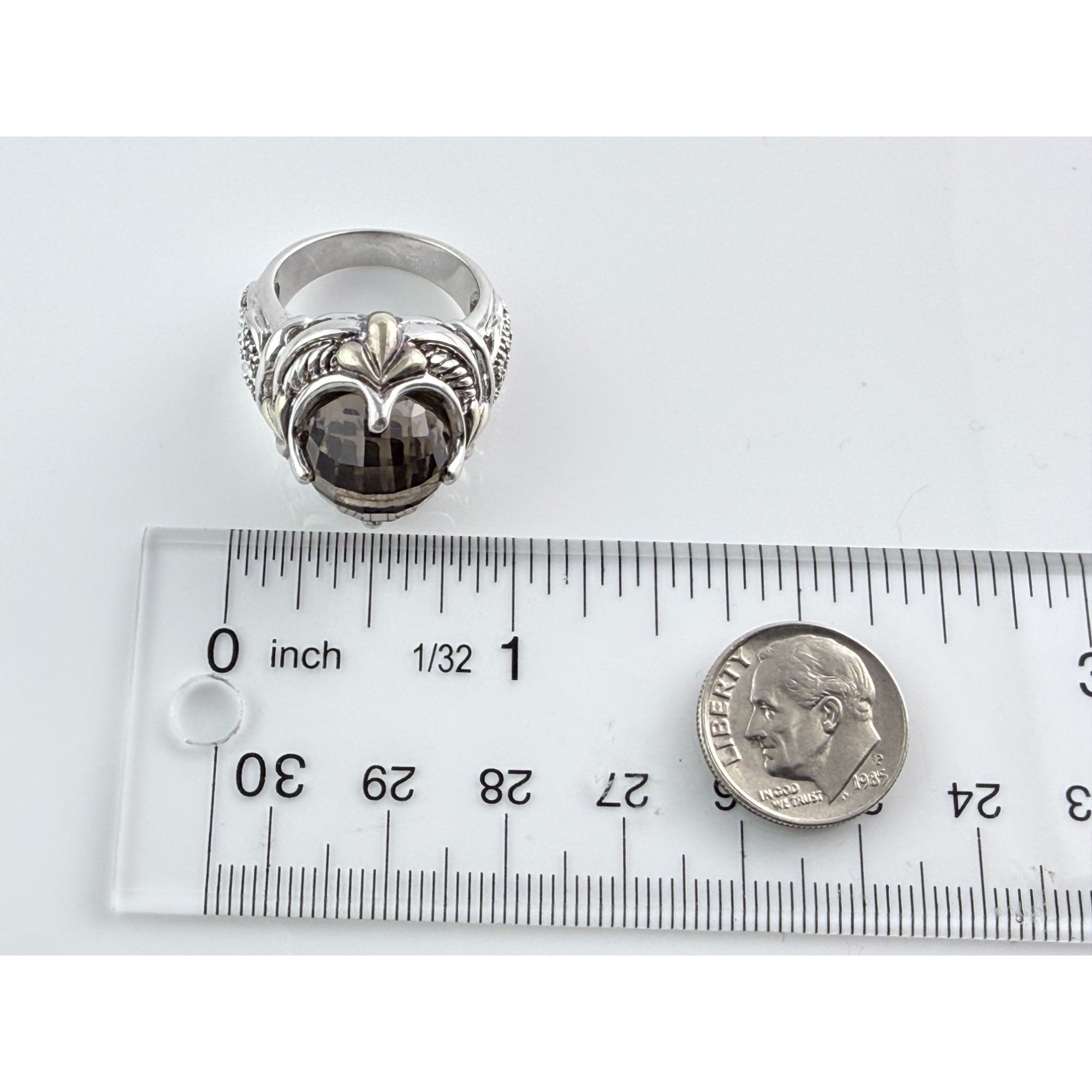 Designer Sterling Silver Faceted Smoky Quartz and Rock Crystal Ring Size 7.75