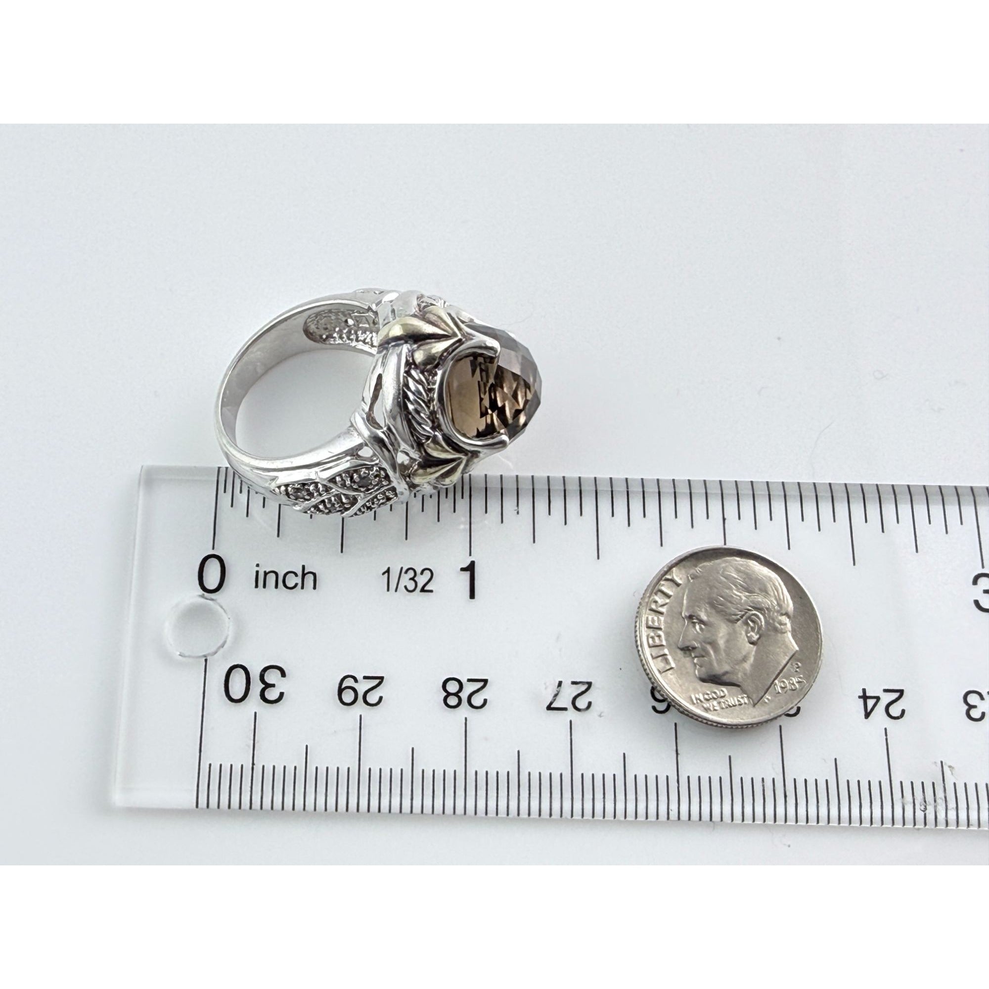 Designer Sterling Silver Faceted Smoky Quartz and Rock Crystal Ring Size 7.75