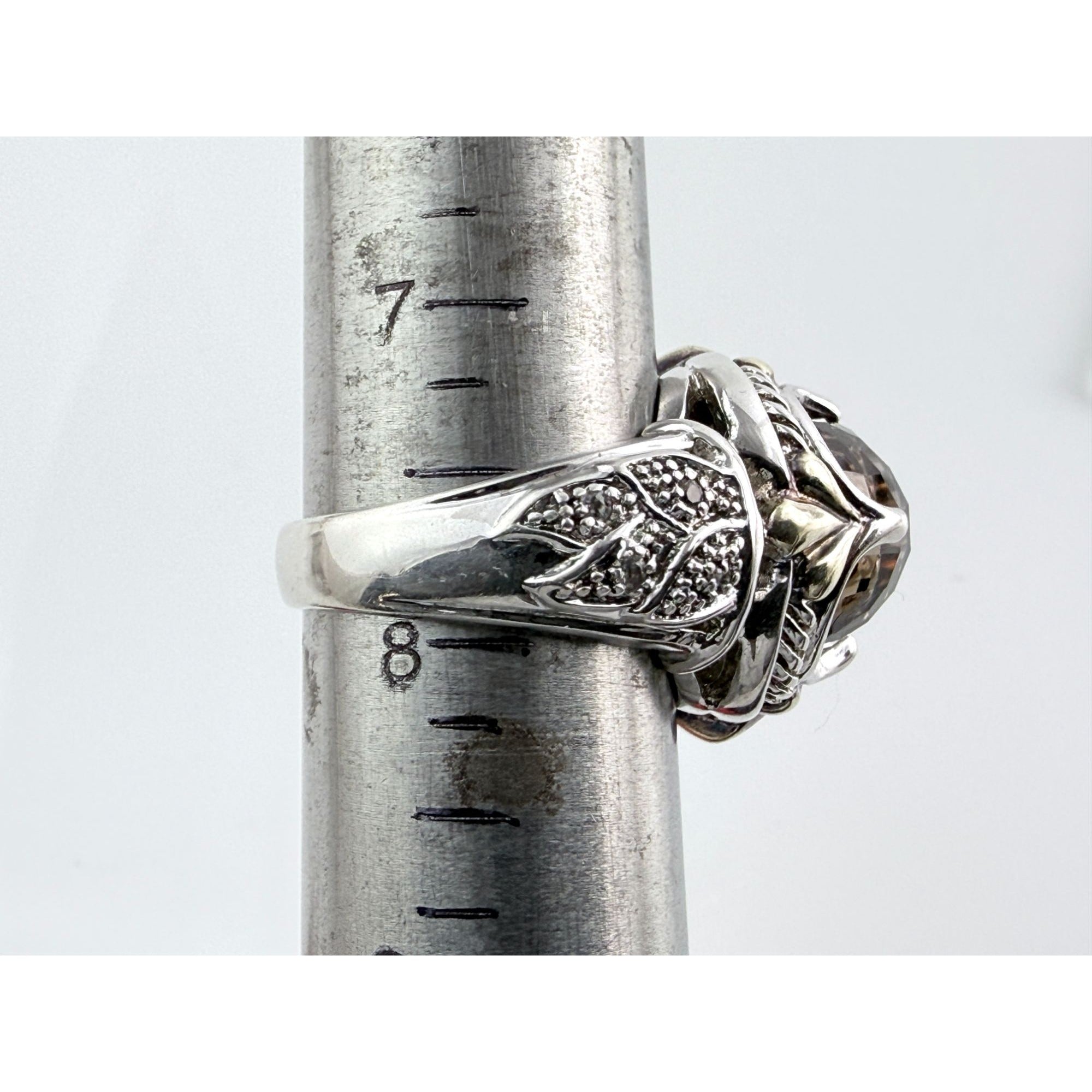 Designer Sterling Silver Faceted Smoky Quartz and Rock Crystal Ring Size 7.75