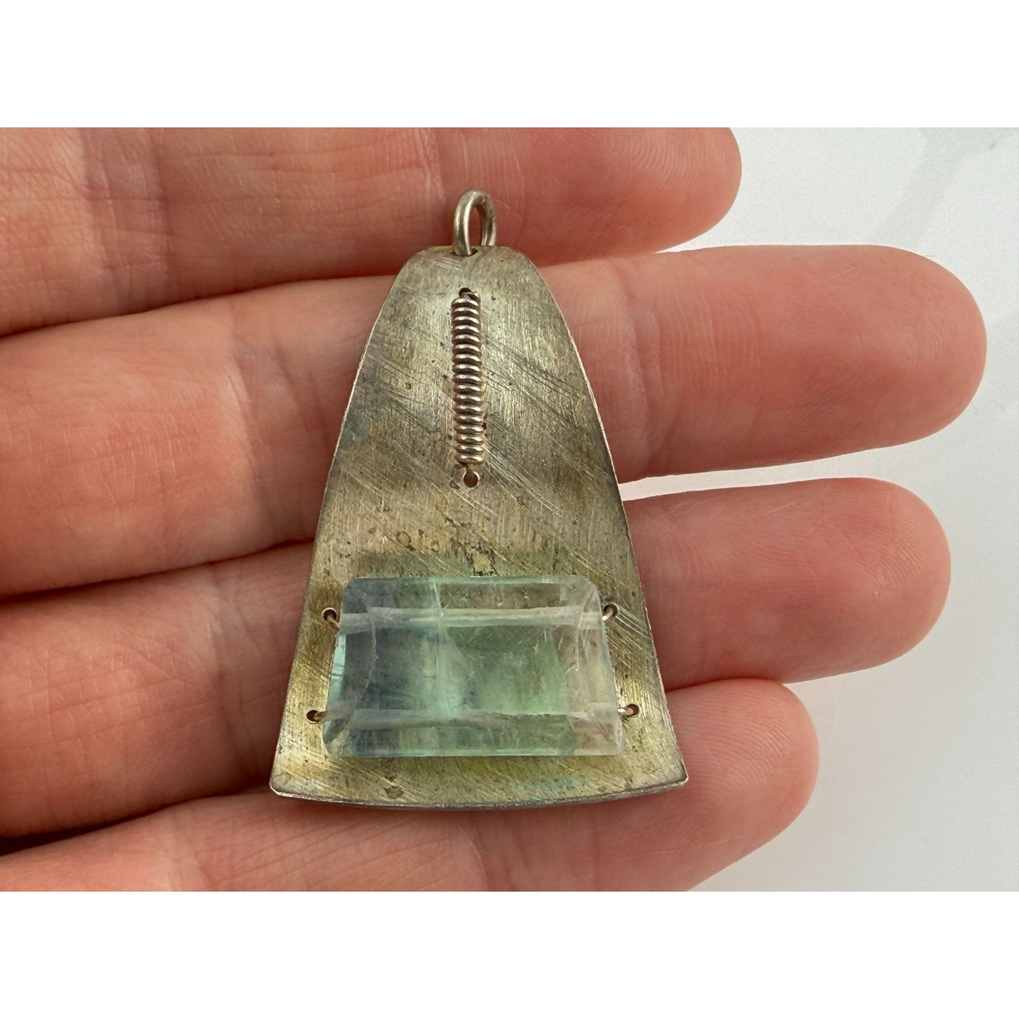 Vintage Unmarked Sterling Silver Gradient Blue Topaz Artisan Pendant 8.8g 1.75In