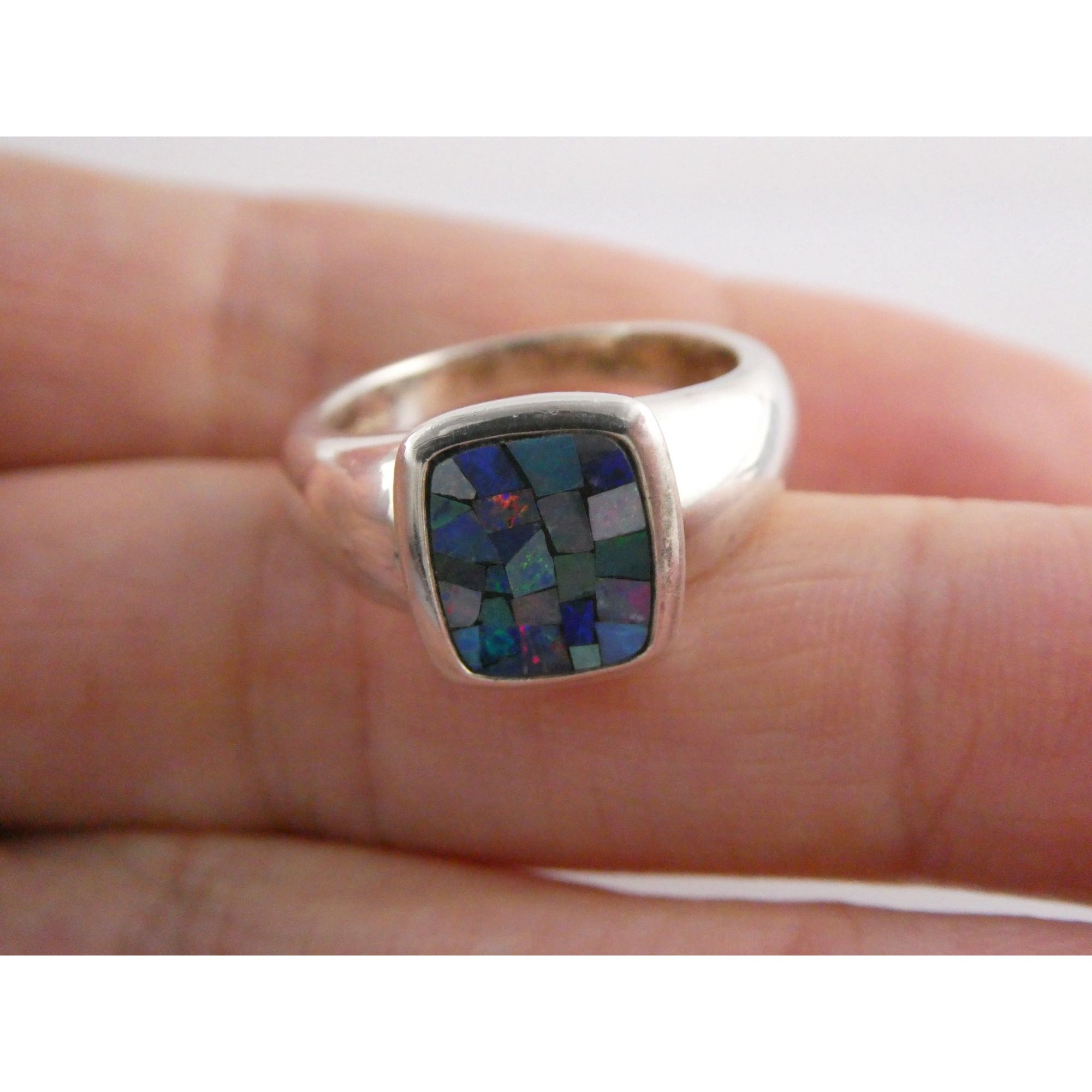 Sterling Silver Blue Opal Mosaic Inlay Ring Size 8 Weighs 7.3g 925