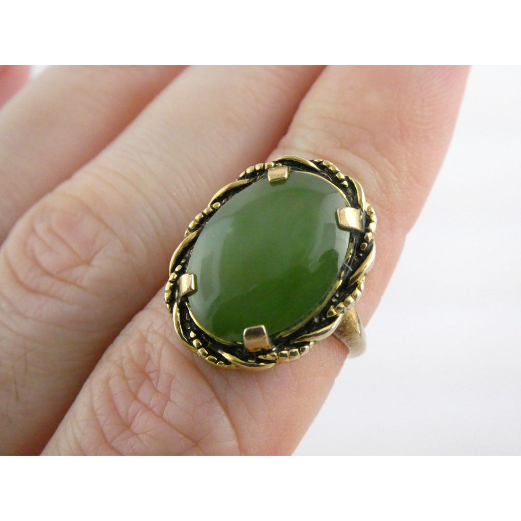 Vintage Clark and Coombs 10k Gold Fill Metal and Green Jade Ring Size 5 4.1g