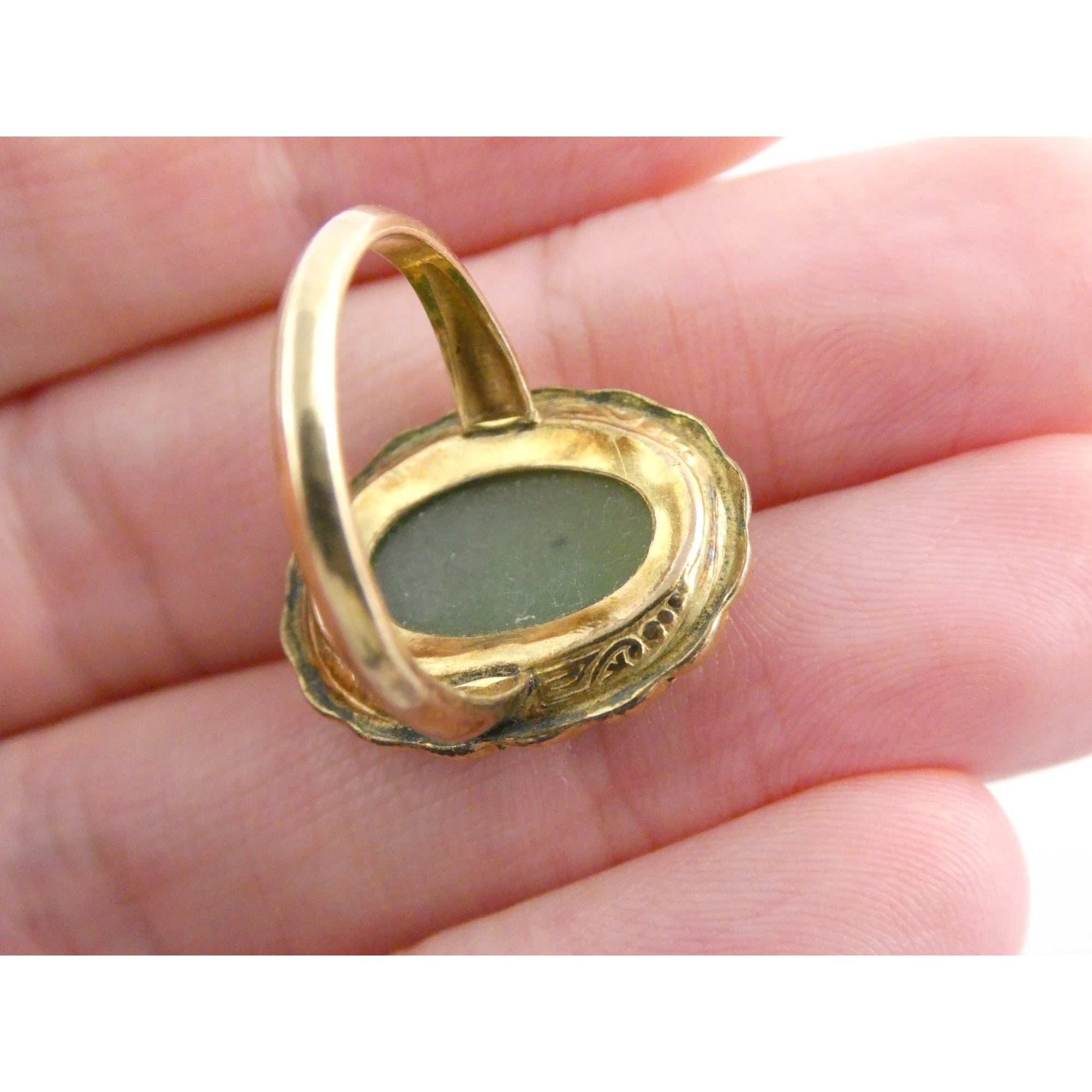 Vintage Clark and Coombs 10k Gold Fill Metal and Green Jade Ring Size 5 4.1g