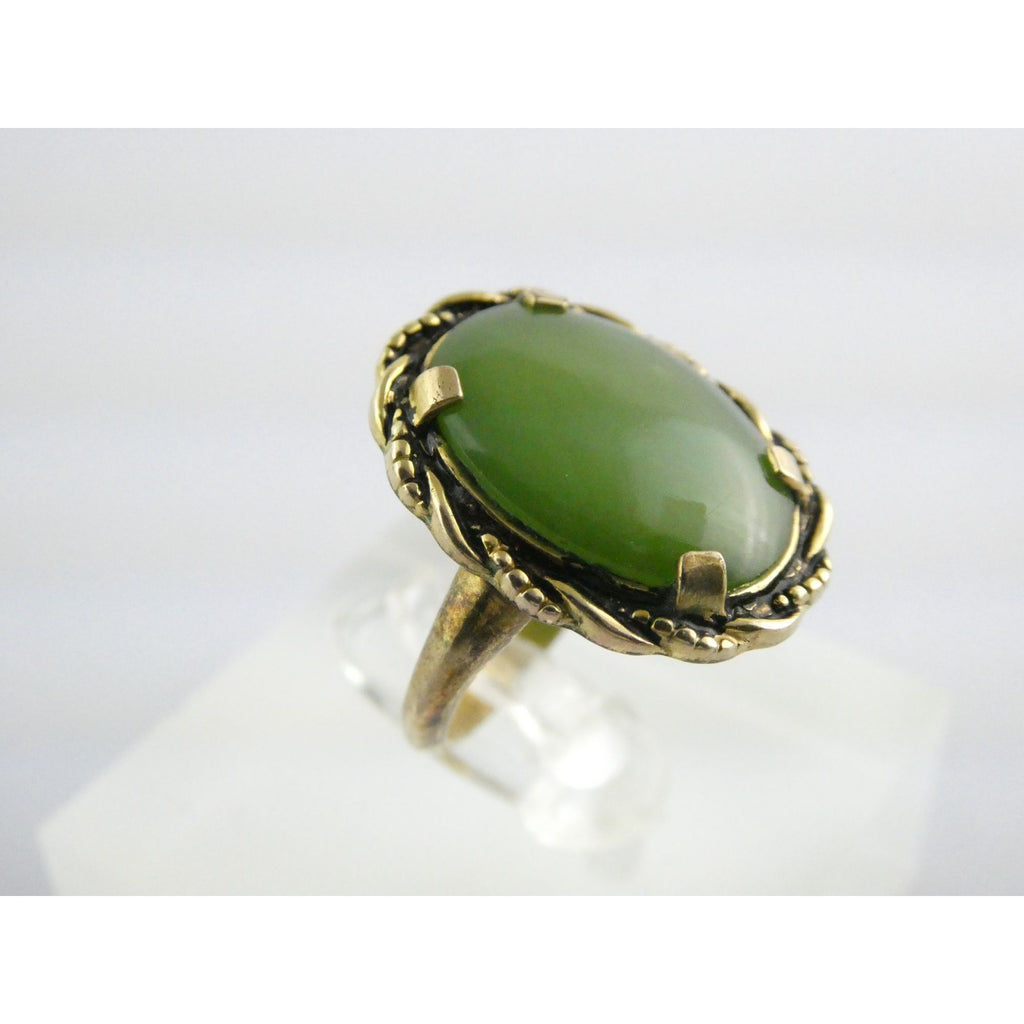 Vintage Clark and Coombs 10k Gold Fill Metal and Green Jade Ring Size 5 4.1g