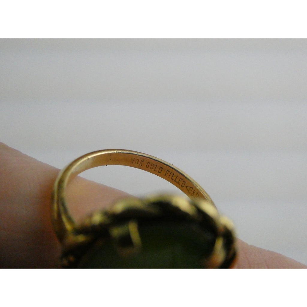 Vintage Clark and Coombs 10k Gold Fill Metal and Green Jade Ring Size 5 4.1g
