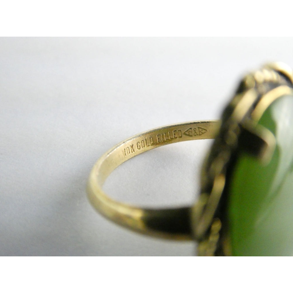 Vintage Clark and Coombs 10k Gold Fill Metal and Green Jade Ring Size 5 4.1g