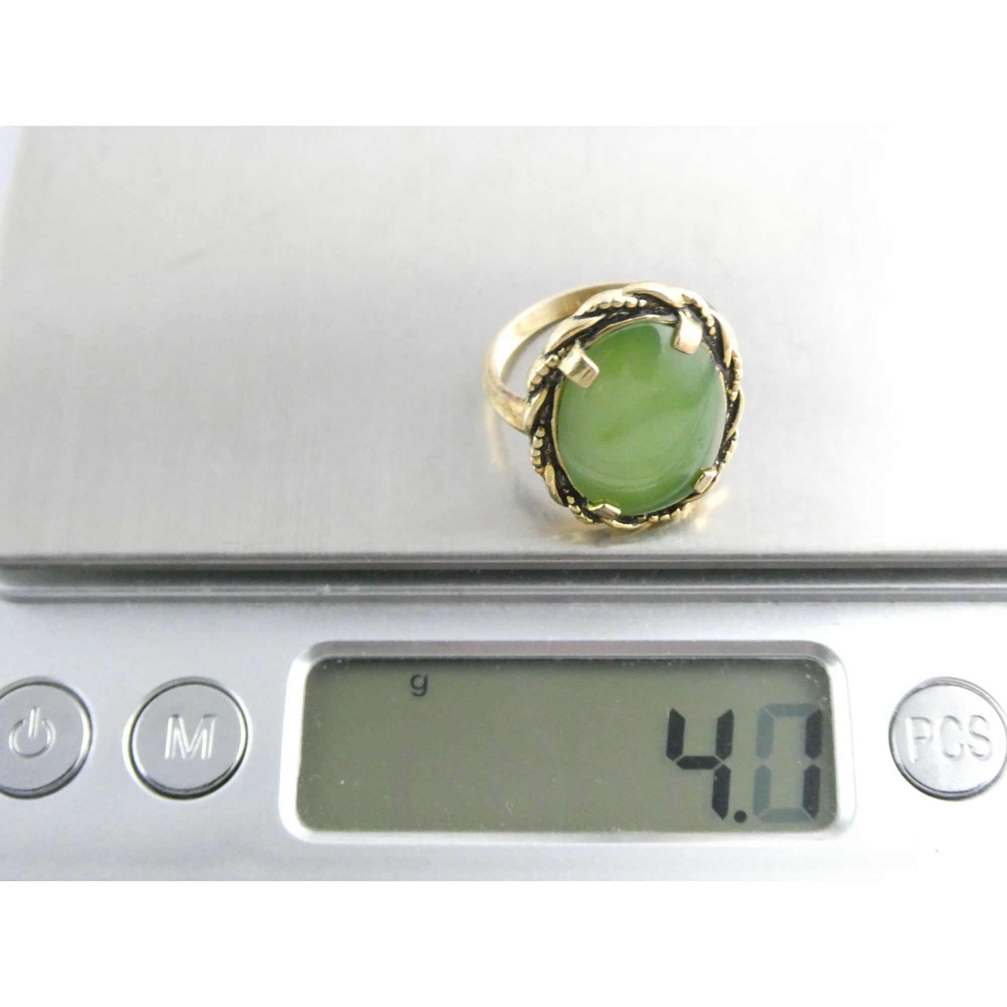 Vintage Clark and Coombs 10k Gold Fill Metal and Green Jade Ring Size 5 4.1g