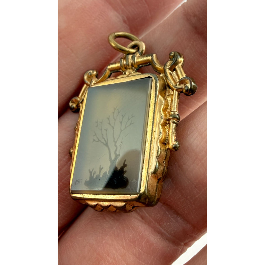 Antique Victorian Moss Agate Double Sided Pendant 8.7g Natural Tree Silhouette