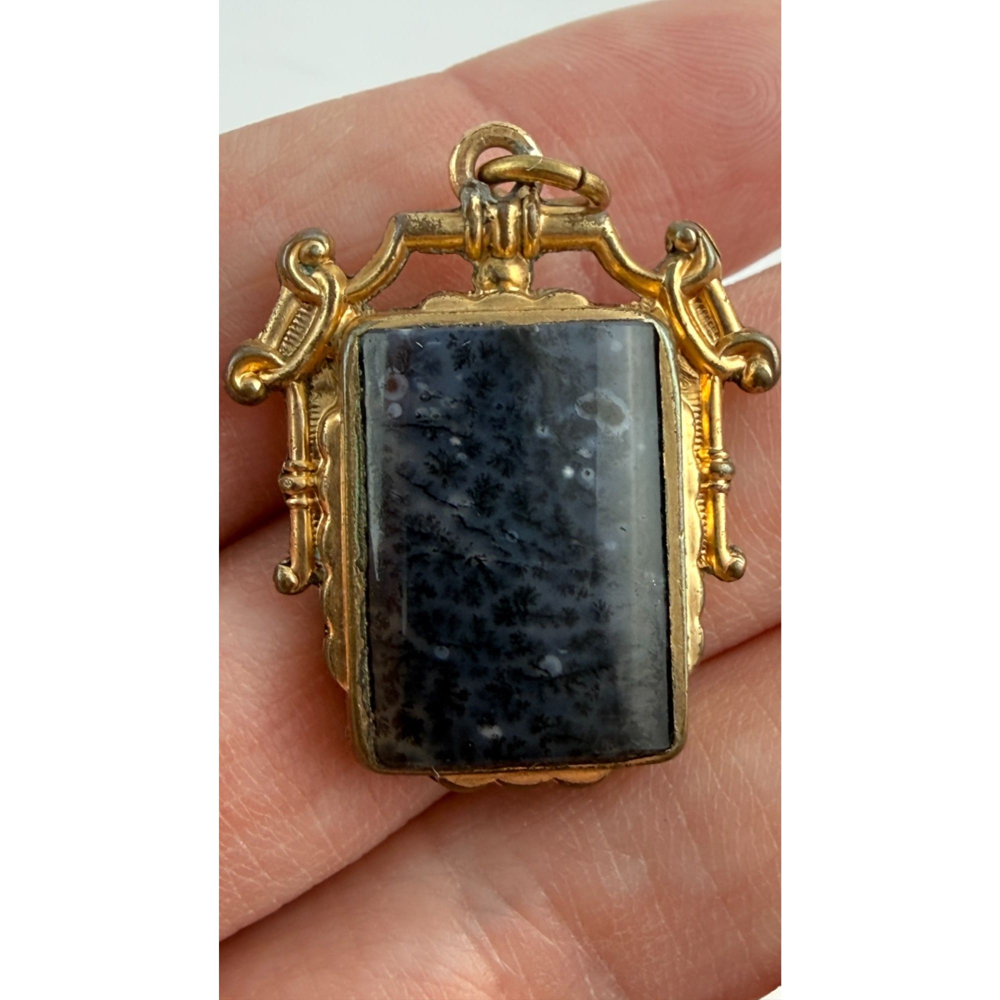 Antique Victorian Moss Agate Double Sided Pendant 8.7g Natural Tree Silhouette