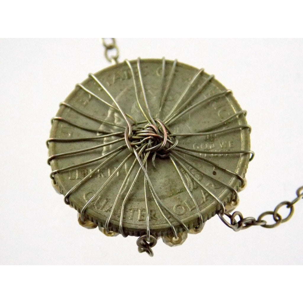 Handmade Wire Beaded American Quarter Pendant Necklace Silvertone Metal Chain