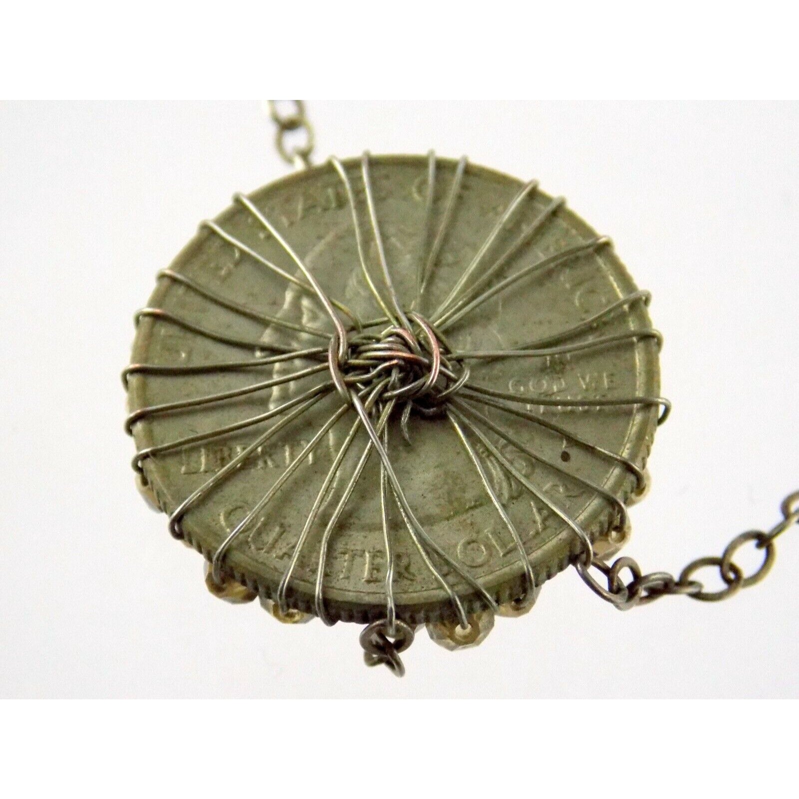 Handmade Wire Beaded American Quarter Pendant Necklace Silvertone Metal Chain