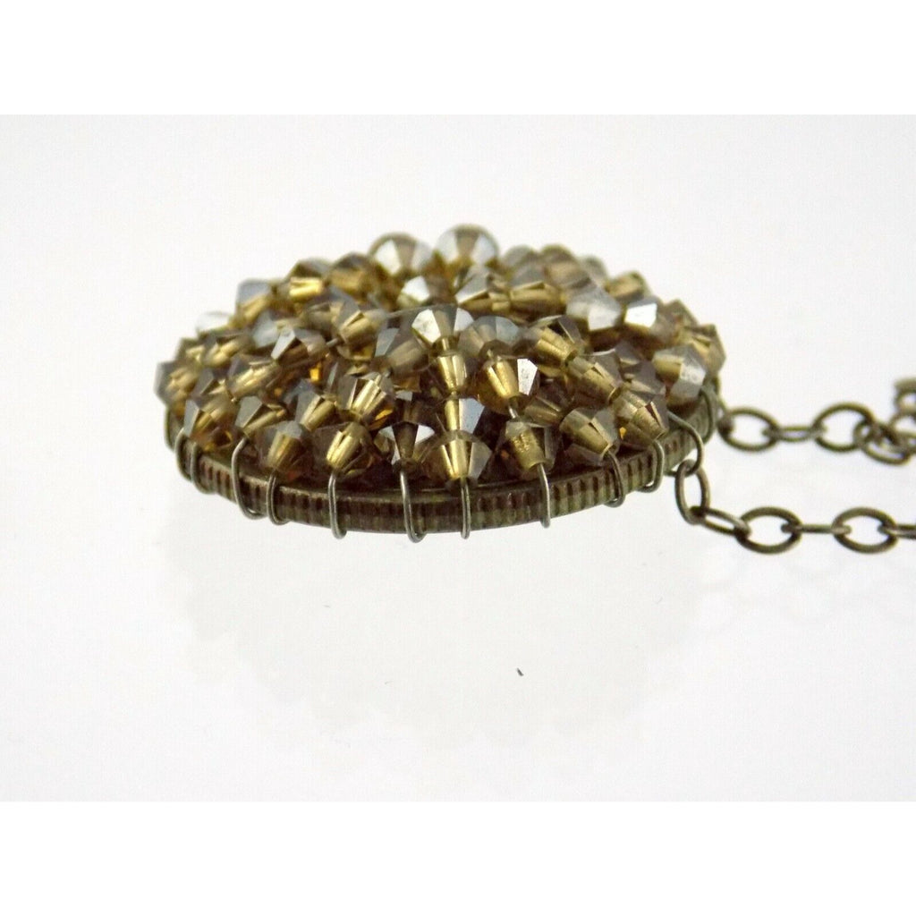 Handmade Wire Beaded American Quarter Pendant Necklace Silvertone Metal Chain