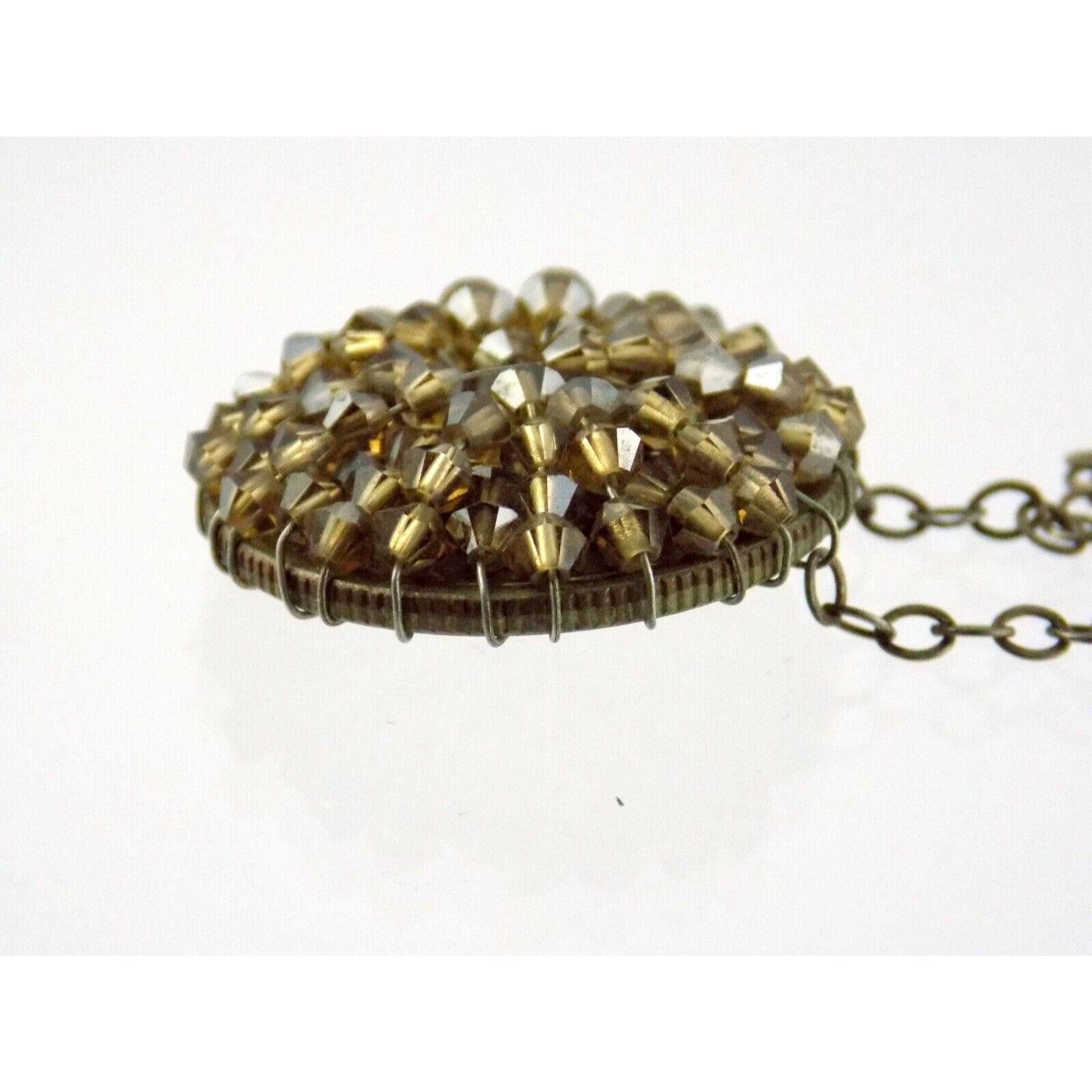 Handmade Wire Beaded American Quarter Pendant Necklace Silvertone Metal Chain
