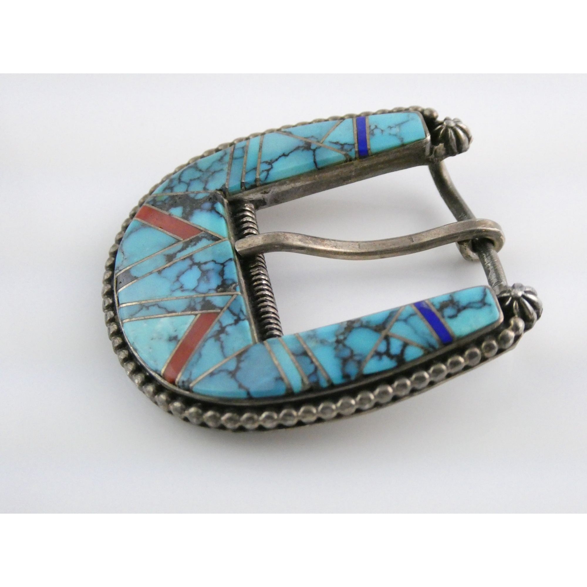NA Zora Joe Zuni Sterling Silver Turquoise Lapis Coral Inlay Belt Buckle 23g