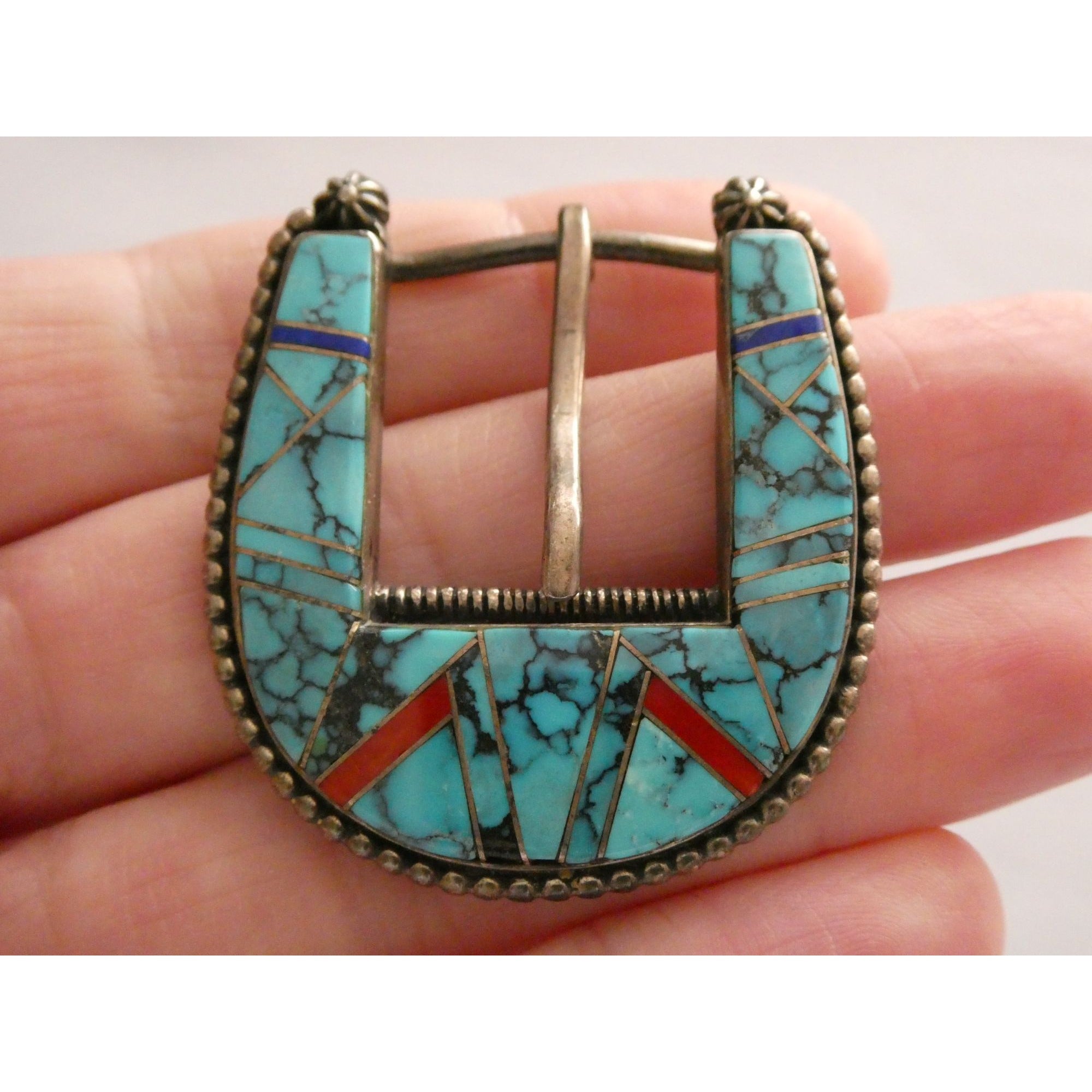 NA Zora Joe Zuni Sterling Silver Turquoise Lapis Coral Inlay Belt Buckle 23g