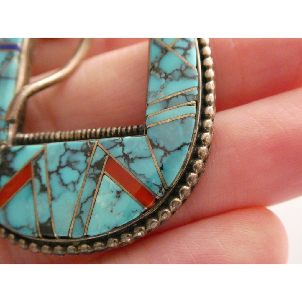 NA Zora Joe Zuni Sterling Silver Turquoise Lapis Coral Inlay Belt Buckle 23g