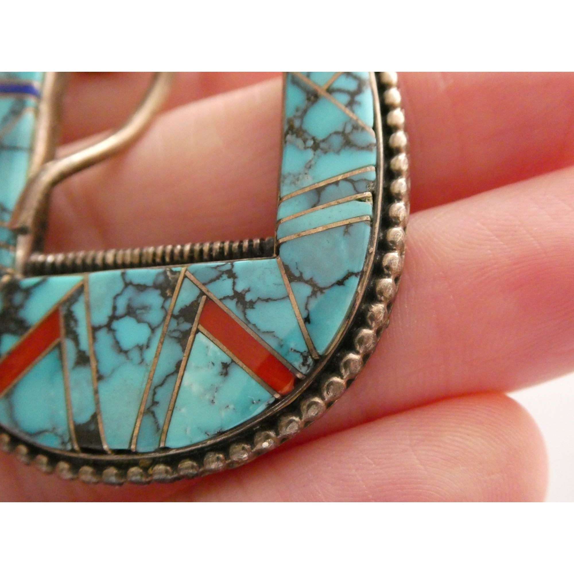 NA Zora Joe Zuni Sterling Silver Turquoise Lapis Coral Inlay Belt Buckle 23g