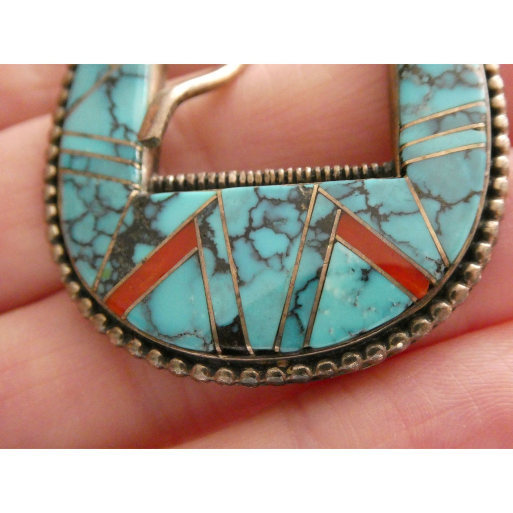 NA Zora Joe Zuni Sterling Silver Turquoise Lapis Coral Inlay Belt Buckle 23g
