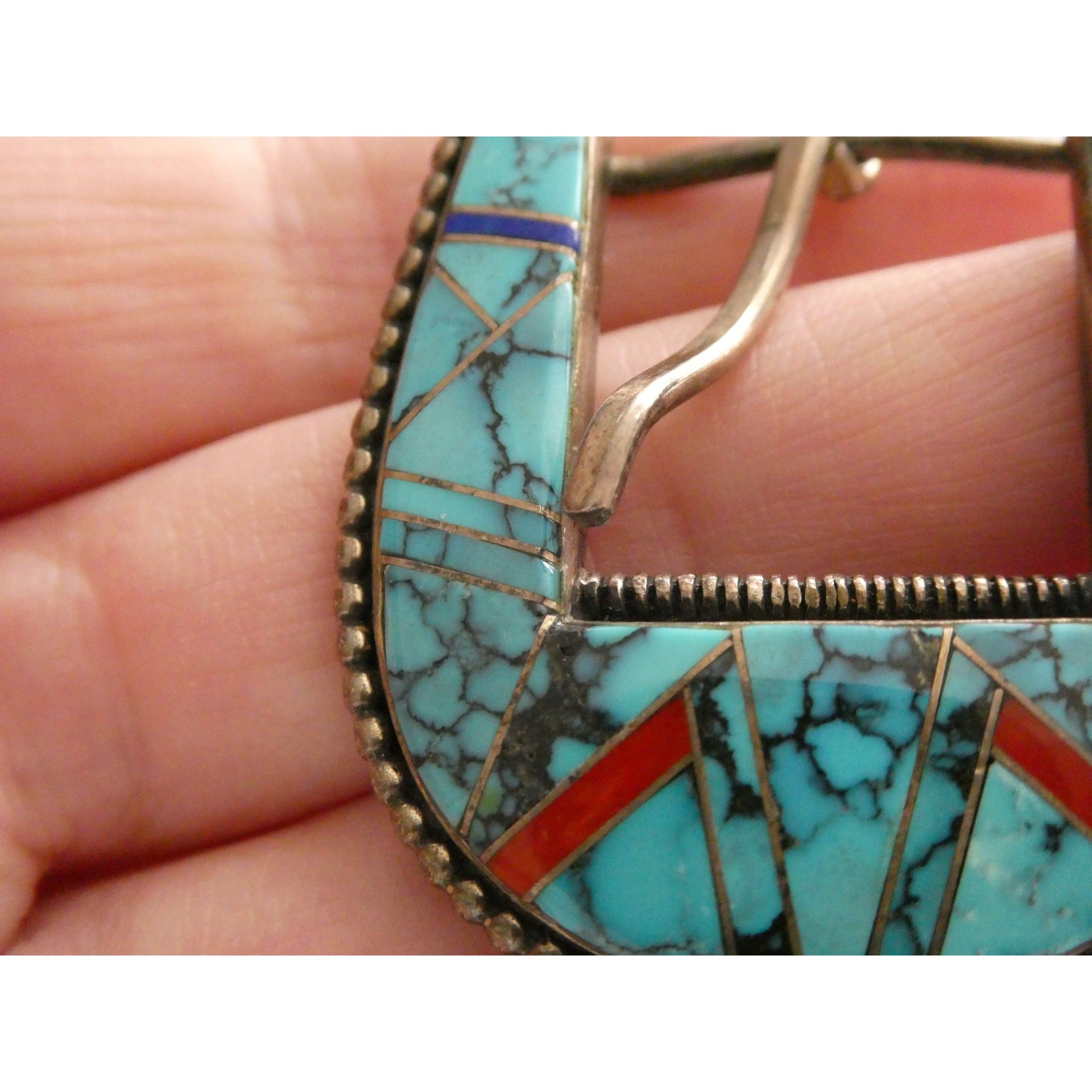 NA Zora Joe Zuni Sterling Silver Turquoise Lapis Coral Inlay Belt Buckle 23g