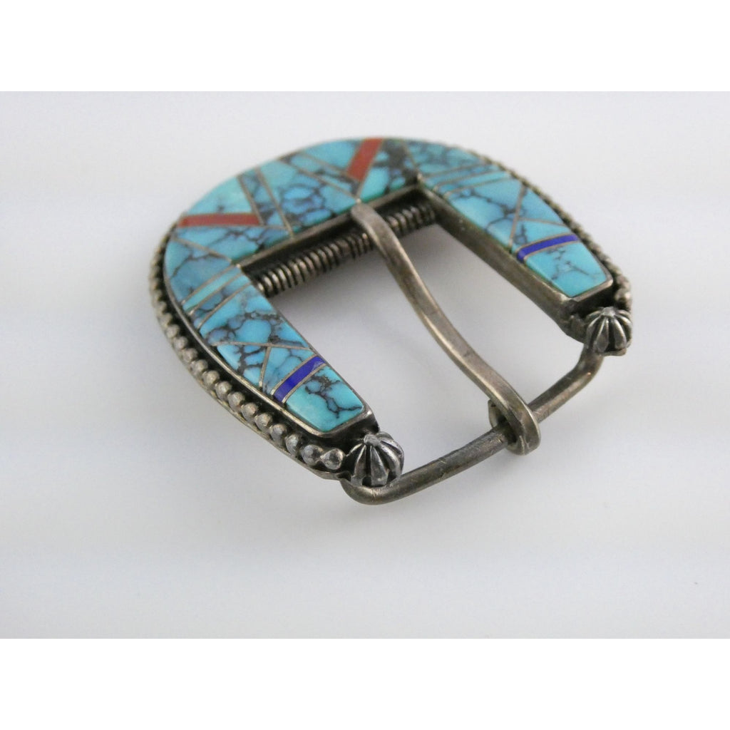 NA Zora Joe Zuni Sterling Silver Turquoise Lapis Coral Inlay Belt Buckle 23g