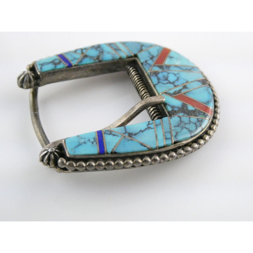 NA Zora Joe Zuni Sterling Silver Turquoise Lapis Coral Inlay Belt Buckle 23g