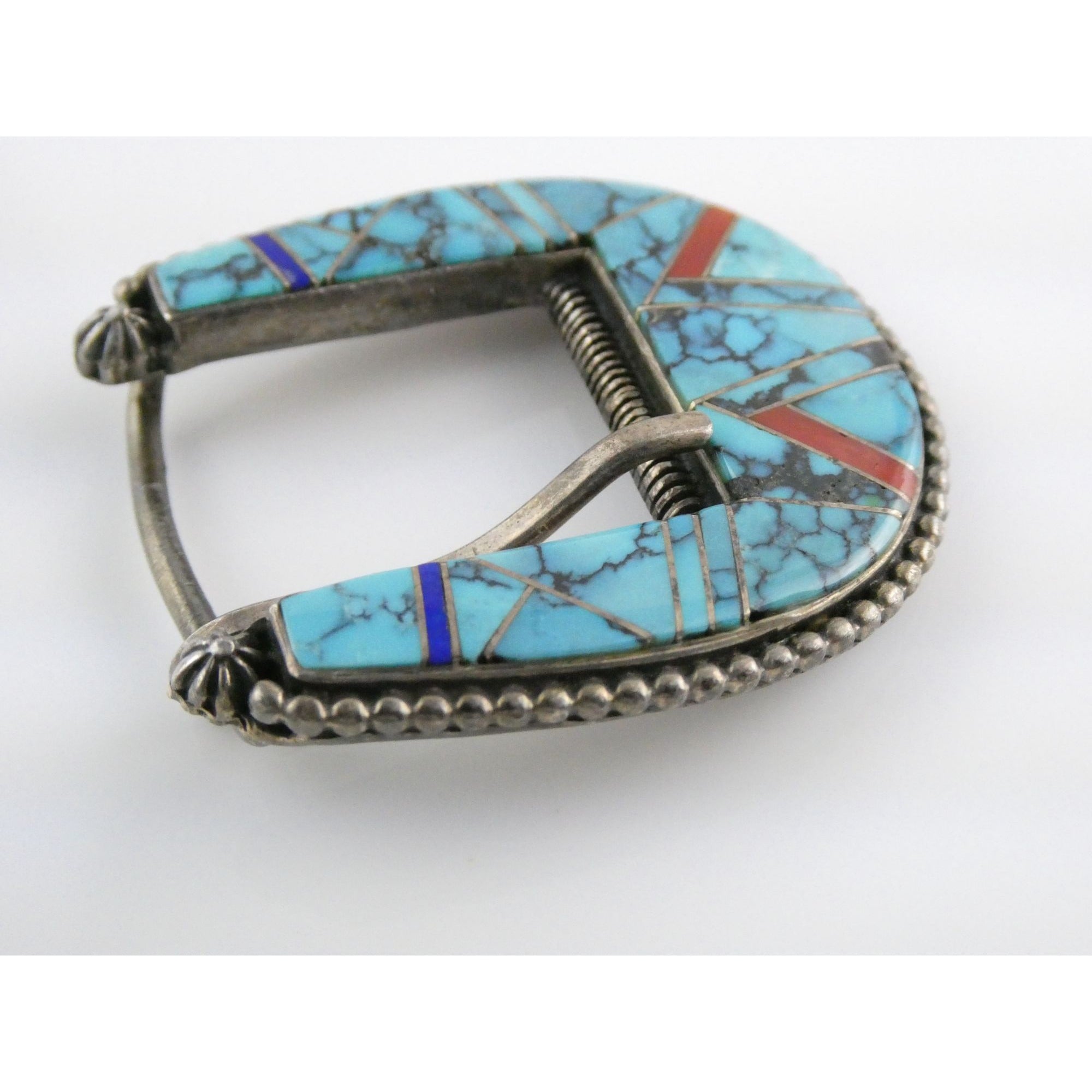 NA Zora Joe Zuni Sterling Silver Turquoise Lapis Coral Inlay Belt Buckle 23g