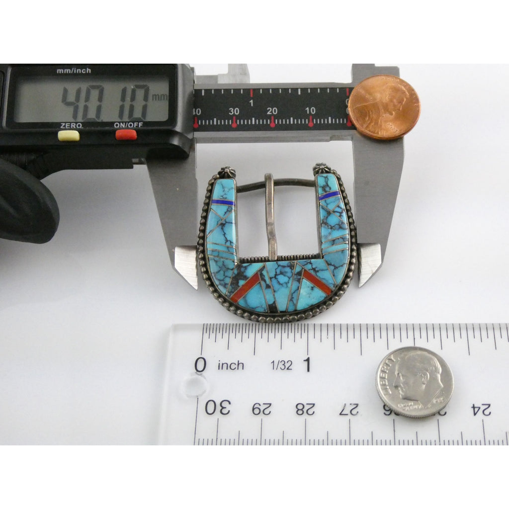 NA Zora Joe Zuni Sterling Silver Turquoise Lapis Coral Inlay Belt Buckle 23g