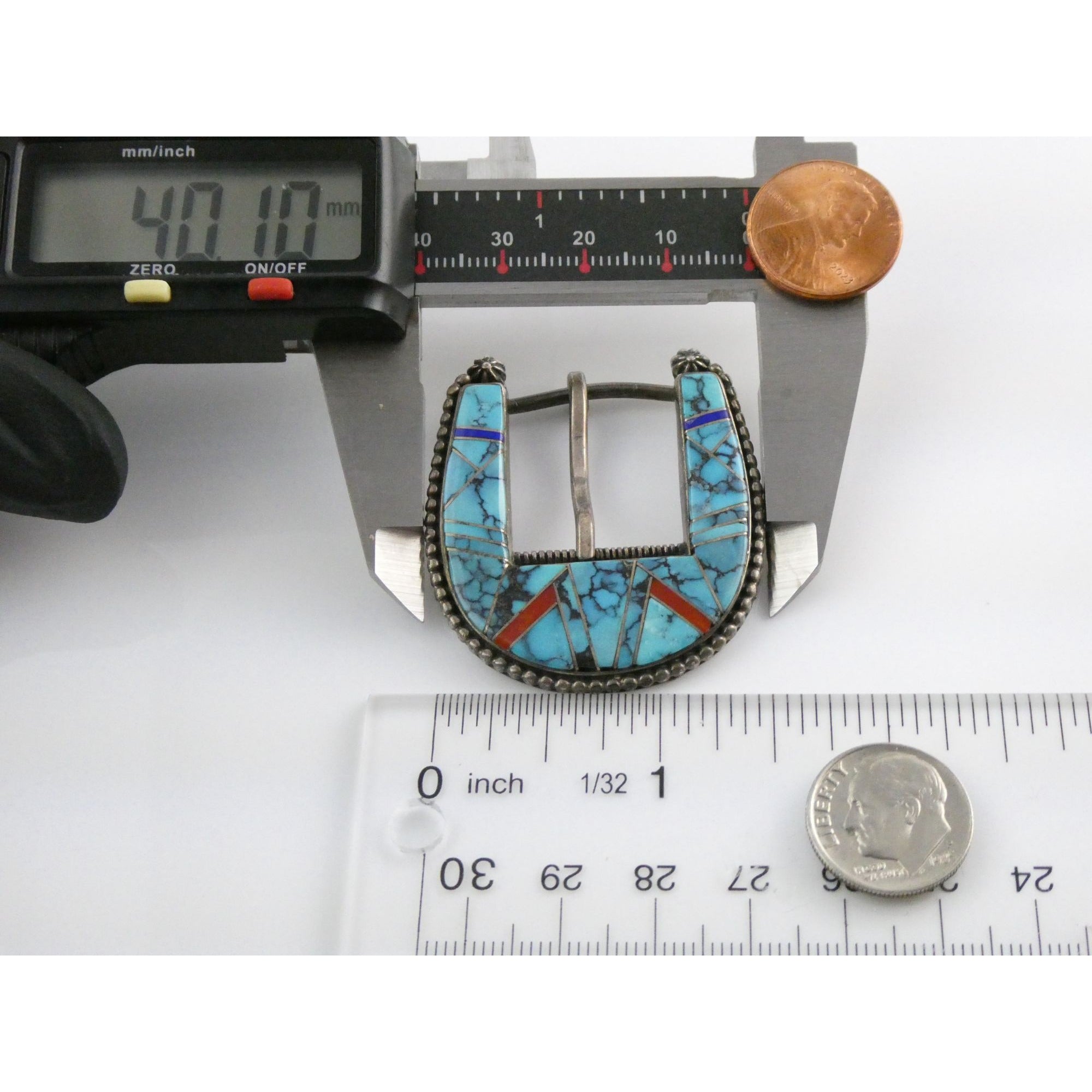 NA Zora Joe Zuni Sterling Silver Turquoise Lapis Coral Inlay Belt Buckle 23g