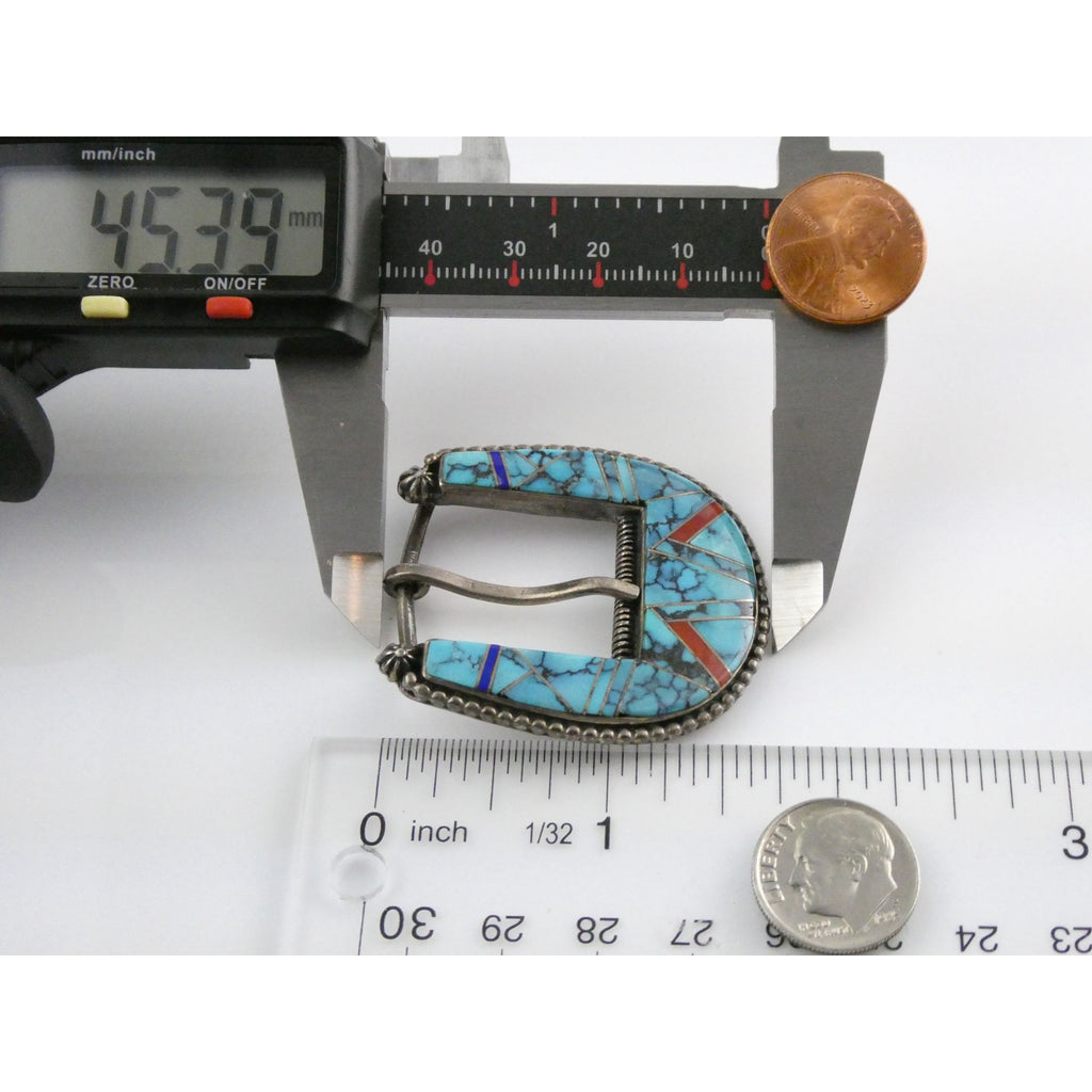 NA Zora Joe Zuni Sterling Silver Turquoise Lapis Coral Inlay Belt Buckle 23g