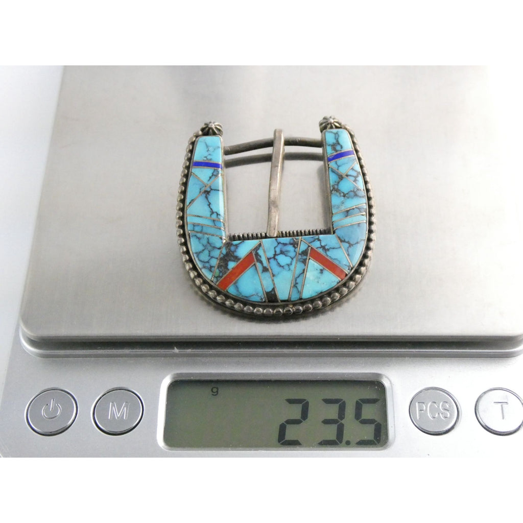 NA Zora Joe Zuni Sterling Silver Turquoise Lapis Coral Inlay Belt Buckle 23g