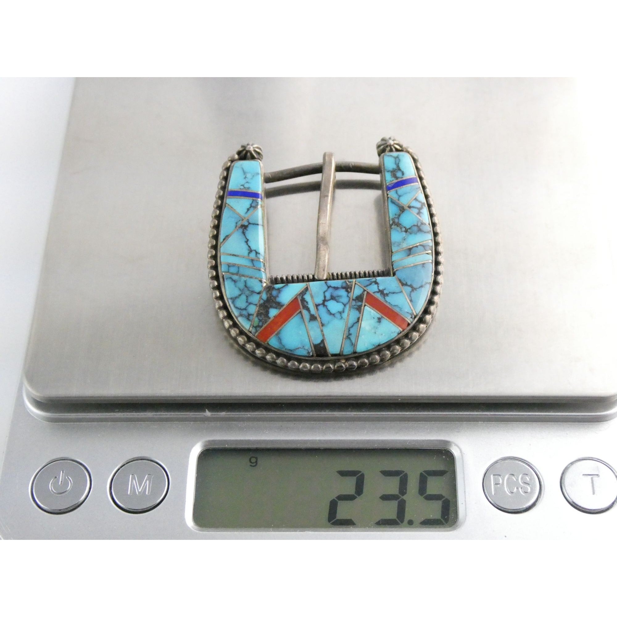 NA Zora Joe Zuni Sterling Silver Turquoise Lapis Coral Inlay Belt Buckle 23g