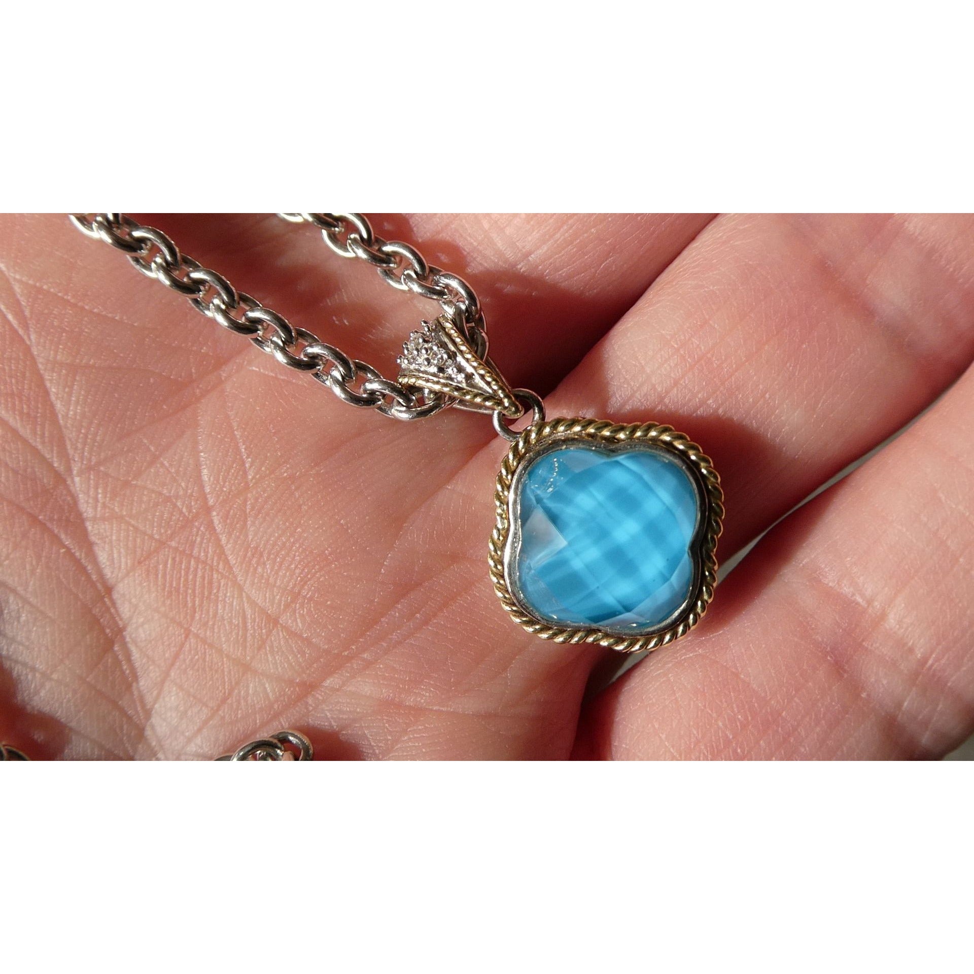 Andrea Candela Doublet Turquoise Clover 18k and Sterling Silver Pendant Necklace