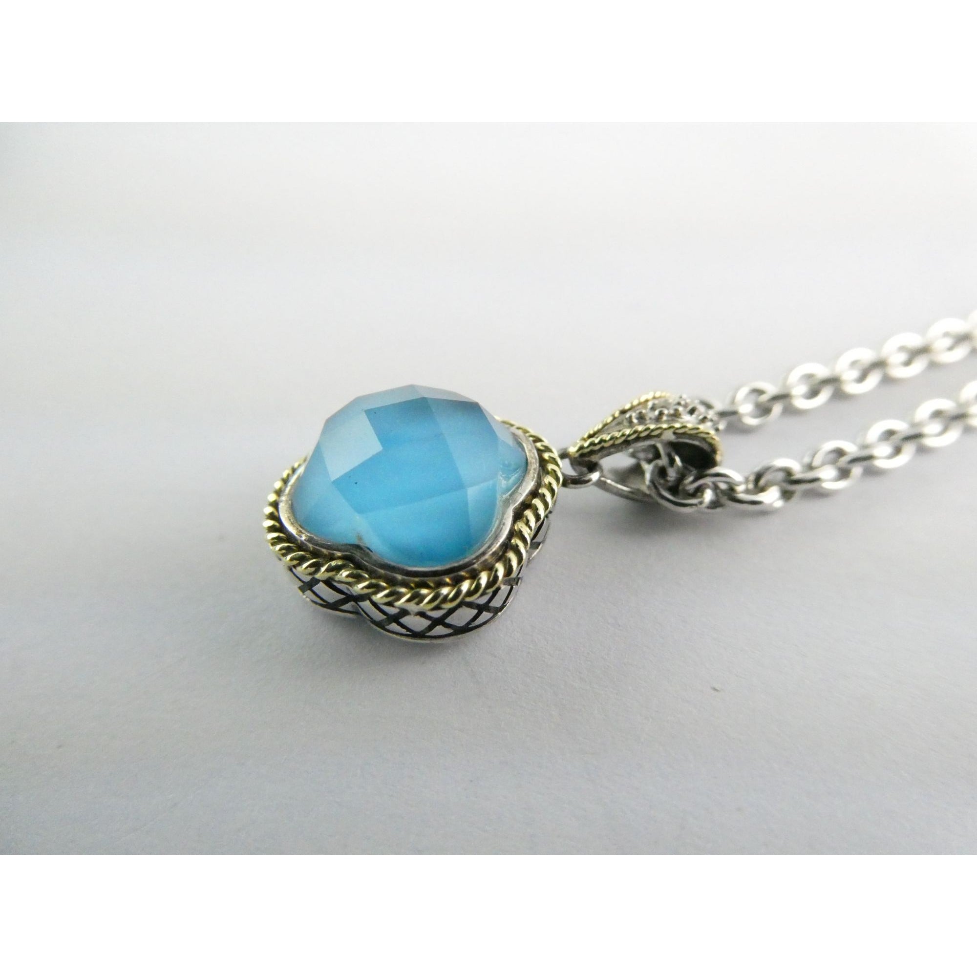 Andrea Candela Doublet Turquoise Clover 18k and Sterling Silver Pendant Necklace