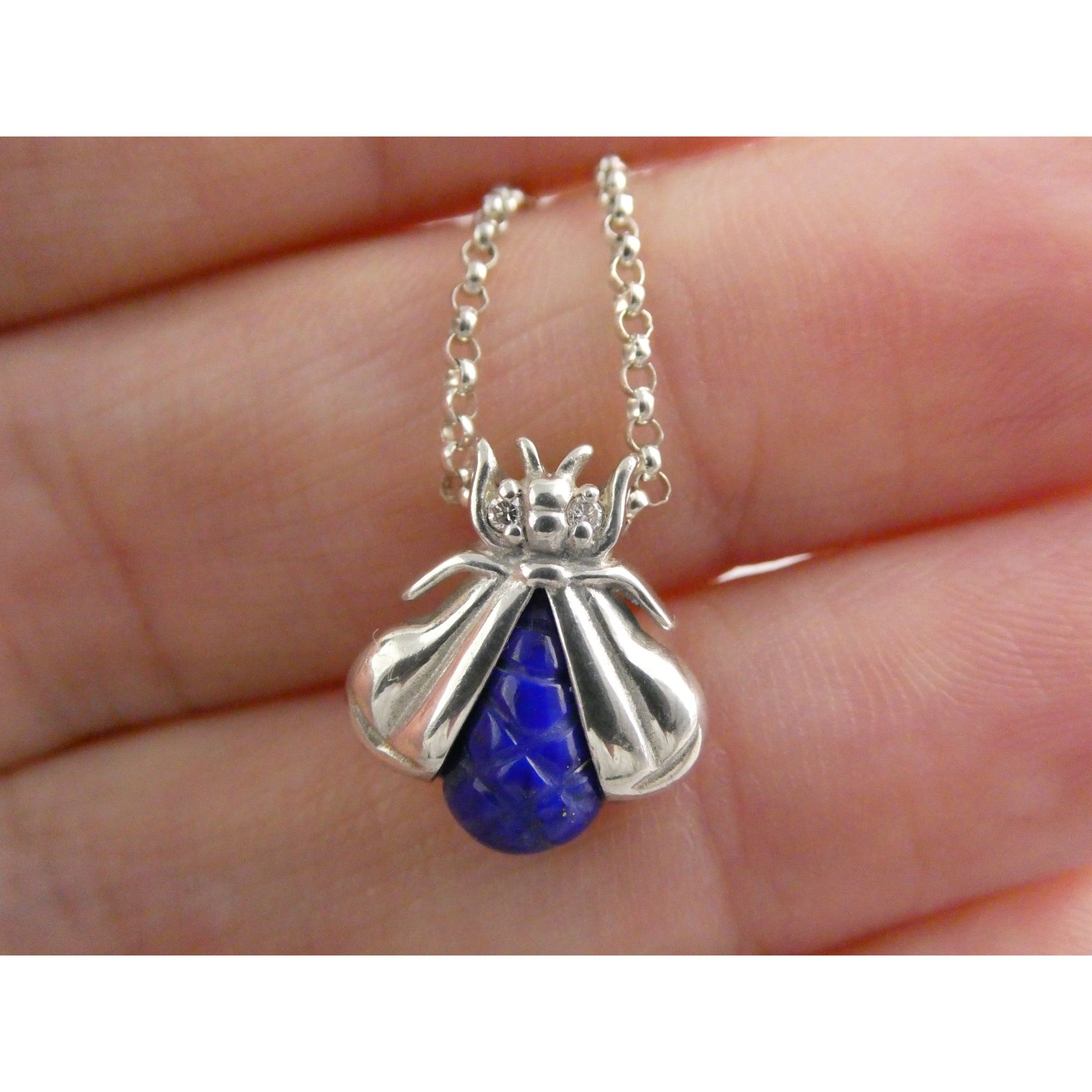 Slane & Slane Sterling Silver Lapis and Natural Diamond Eye Bee Pendant Necklace