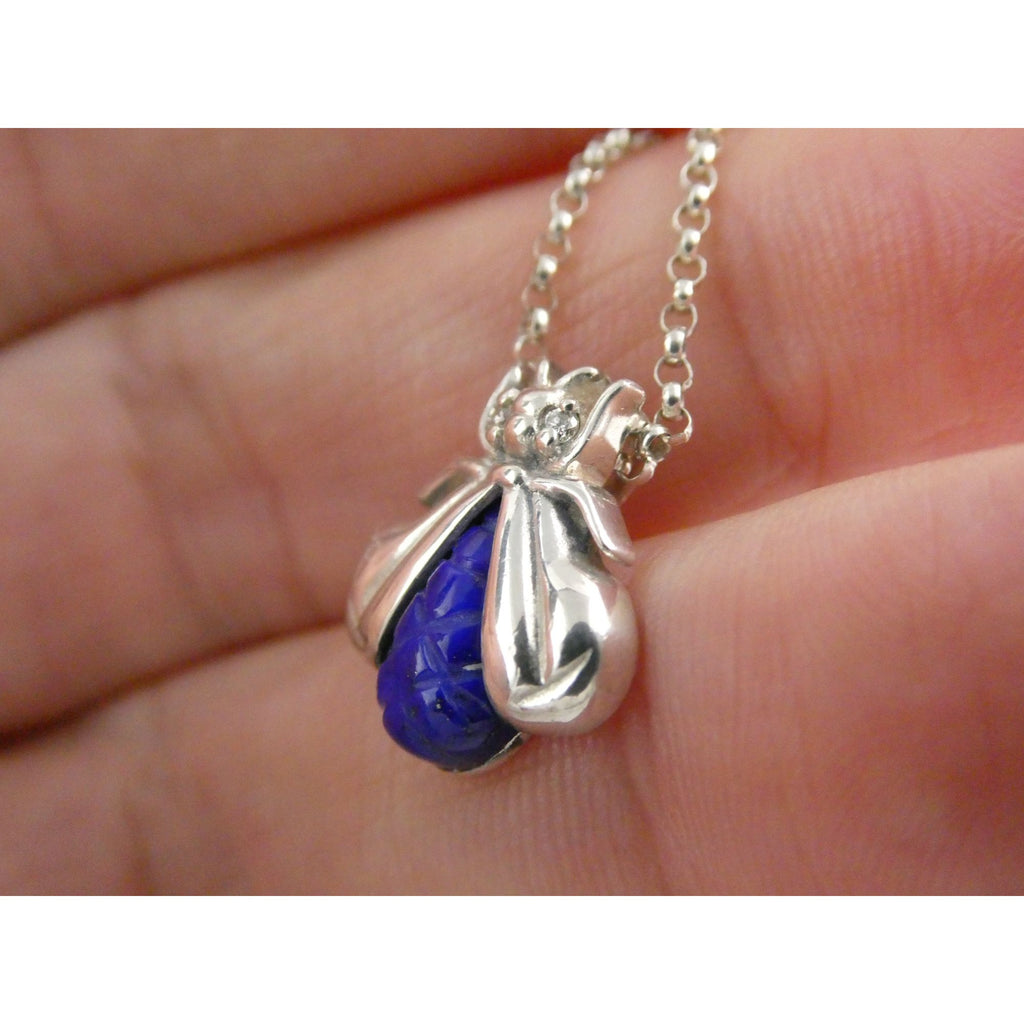 Slane & Slane Sterling Silver Lapis and Natural Diamond Eye Bee Pendant Necklace