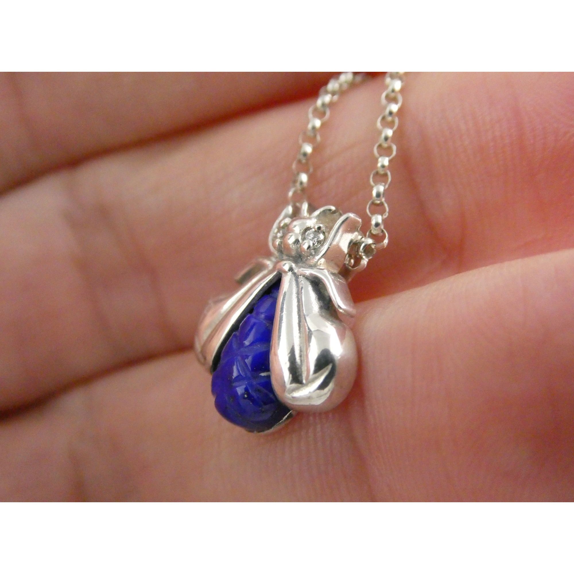 Slane & Slane Sterling Silver Lapis and Natural Diamond Eye Bee Pendant Necklace