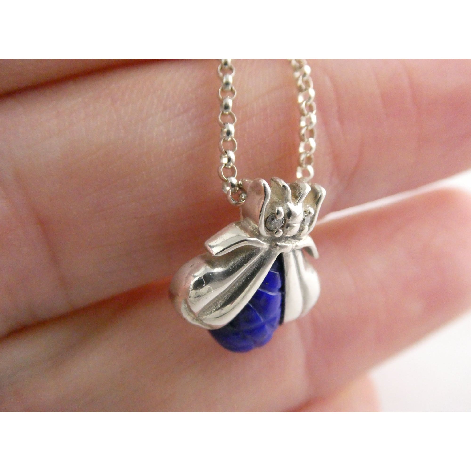 Slane & Slane Sterling Silver Lapis and Natural Diamond Eye Bee Pendant Necklace