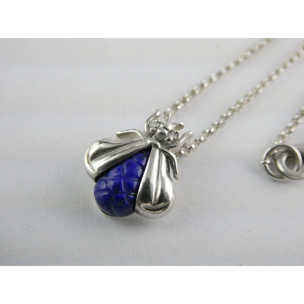 Slane & Slane Sterling Silver Lapis and Natural Diamond Eye Bee Pendant Necklace