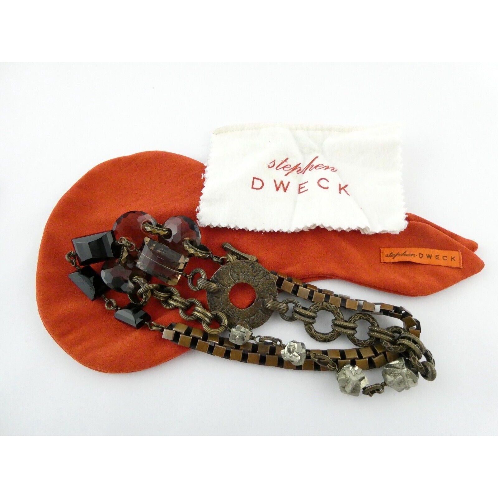 Stephen Dweck Bronze Pyrite Smoky Quartz Statement Necklace 40.5 Inches with Bag