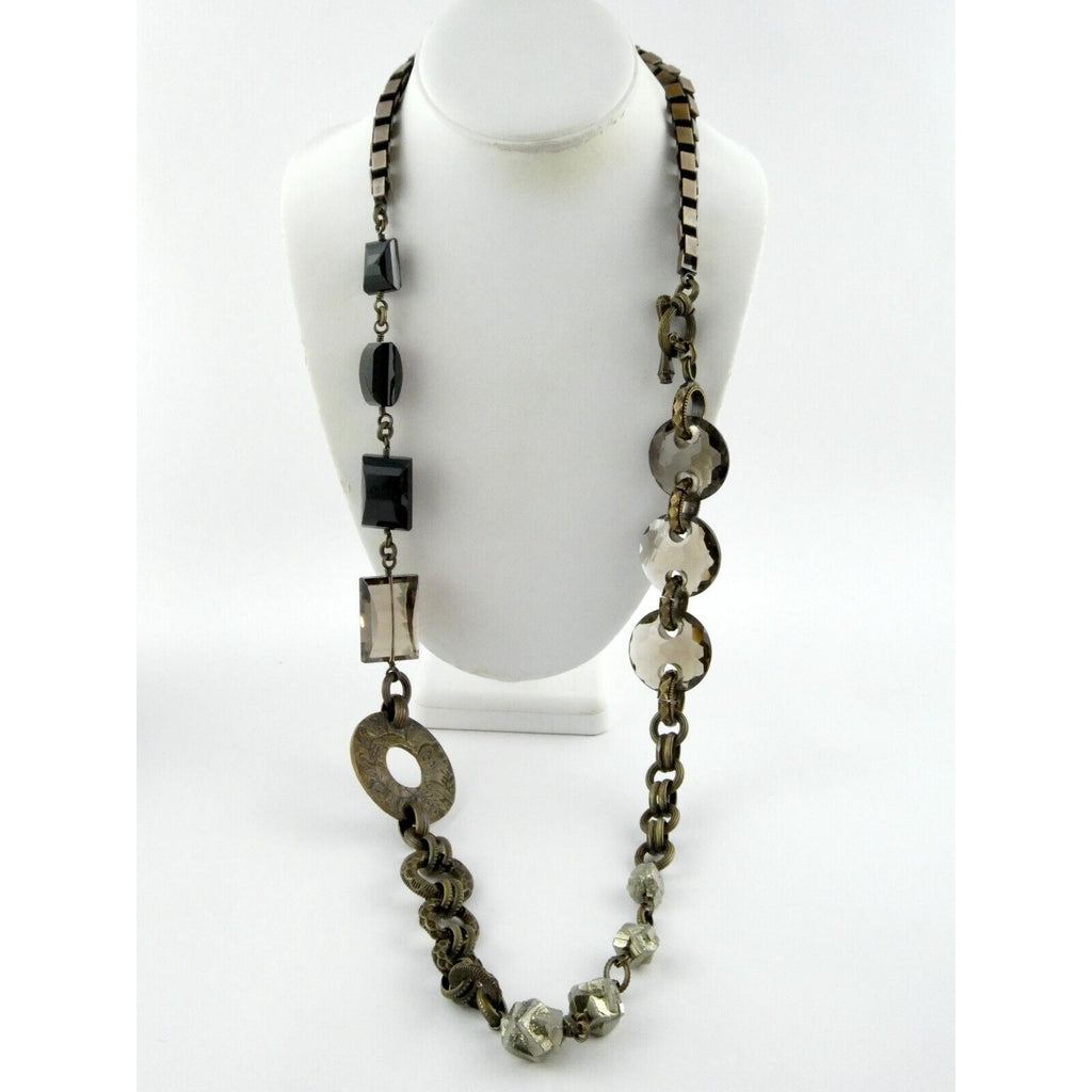 Stephen Dweck Bronze Pyrite Smoky Quartz Statement Necklace 40.5 Inches with Bag