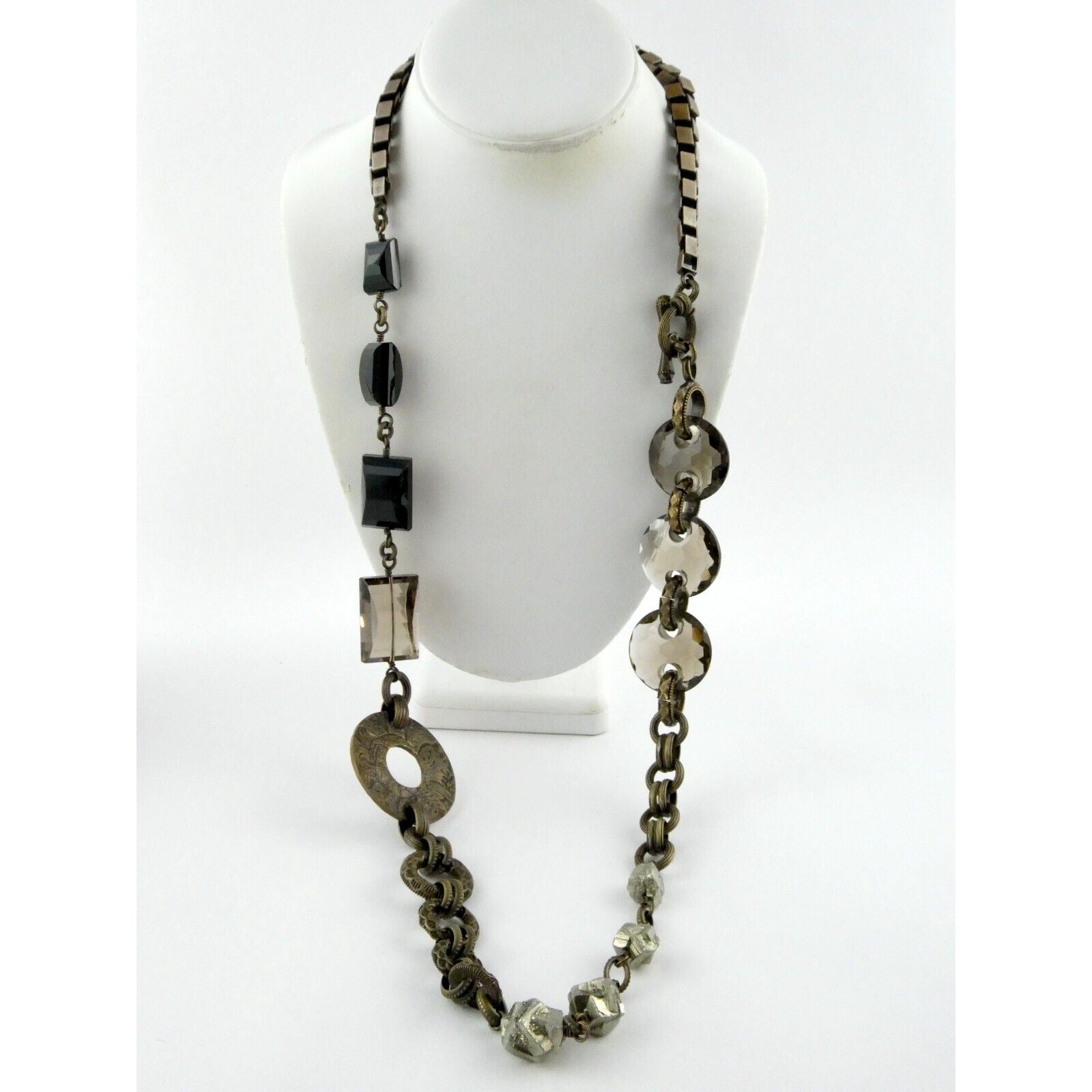 Stephen Dweck Bronze Pyrite Smoky Quartz Statement Necklace 40.5 Inches with Bag