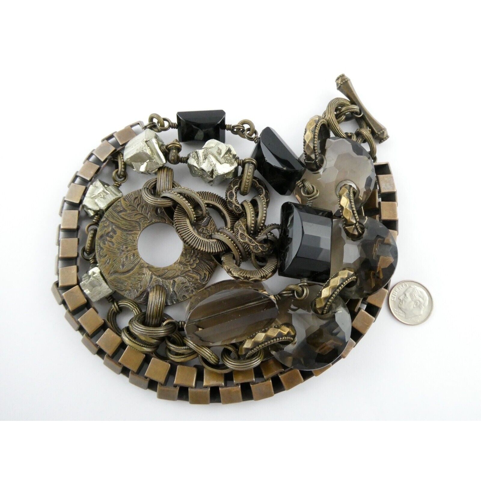 Stephen Dweck Bronze Pyrite Smoky Quartz Statement Necklace 40.5 Inches with Bag