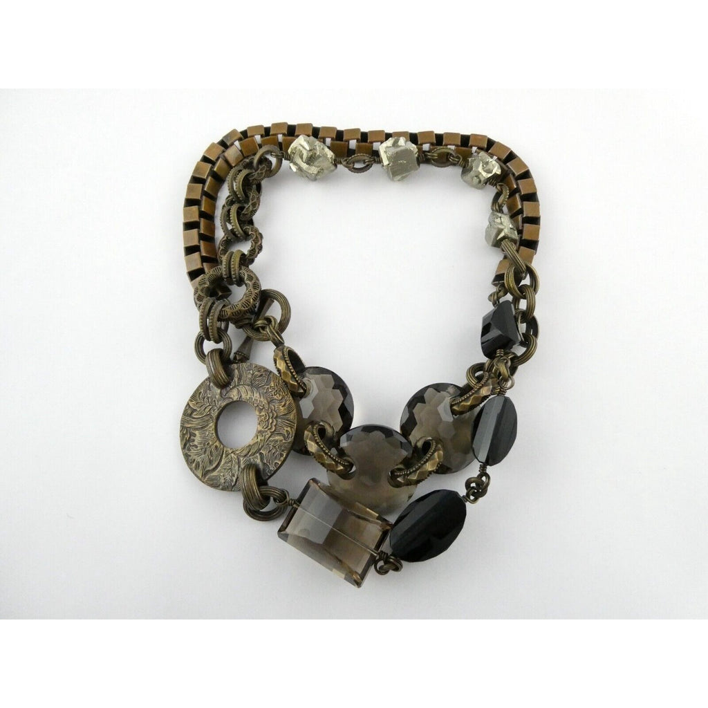 Stephen Dweck Bronze Pyrite Smoky Quartz Statement Necklace 40.5 Inches with Bag
