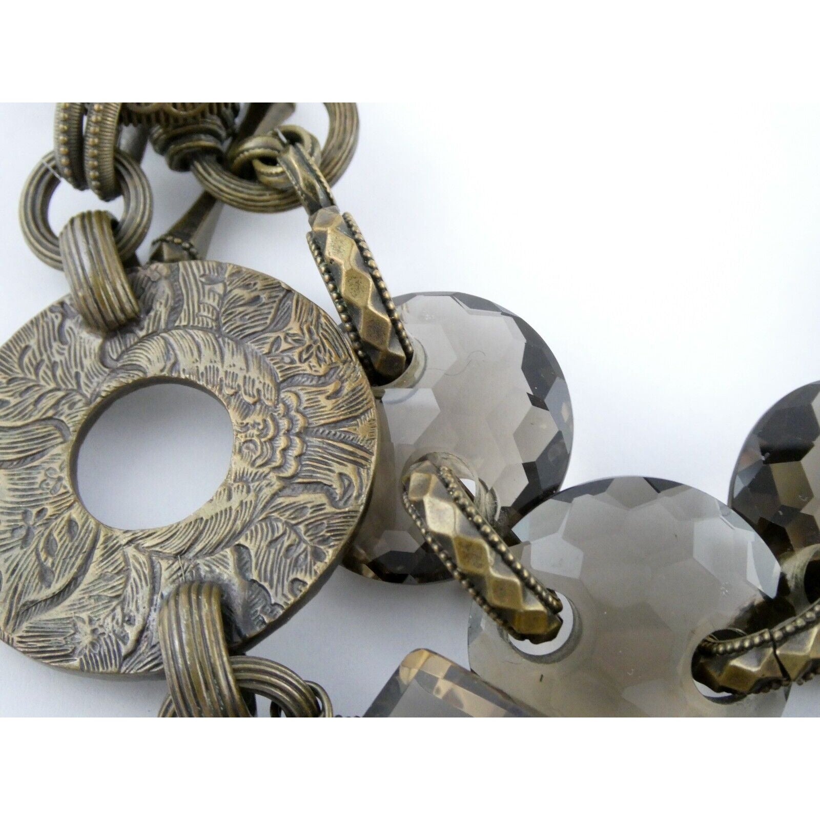 Stephen Dweck Bronze Pyrite Smoky Quartz Statement Necklace 40.5 Inches with Bag