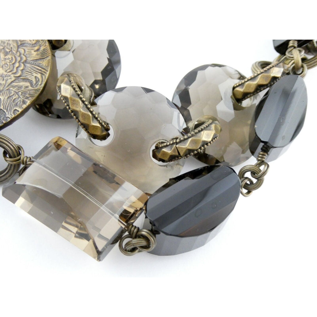 Stephen Dweck Bronze Pyrite Smoky Quartz Statement Necklace 40.5 Inches with Bag