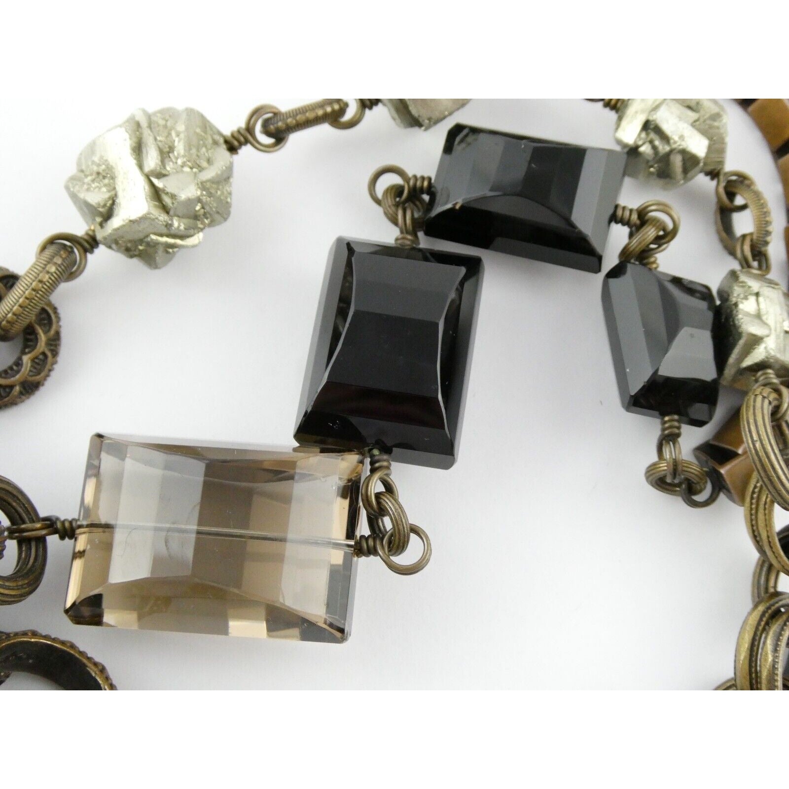 Stephen Dweck Bronze Pyrite Smoky Quartz Statement Necklace 40.5 Inches with Bag