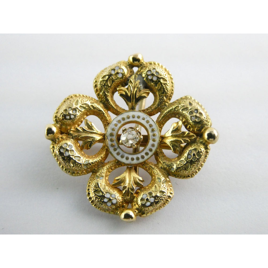 Antique 14k Gold Natural Mine Cut Diamond White Enameled Flower Pin Brooch Fob