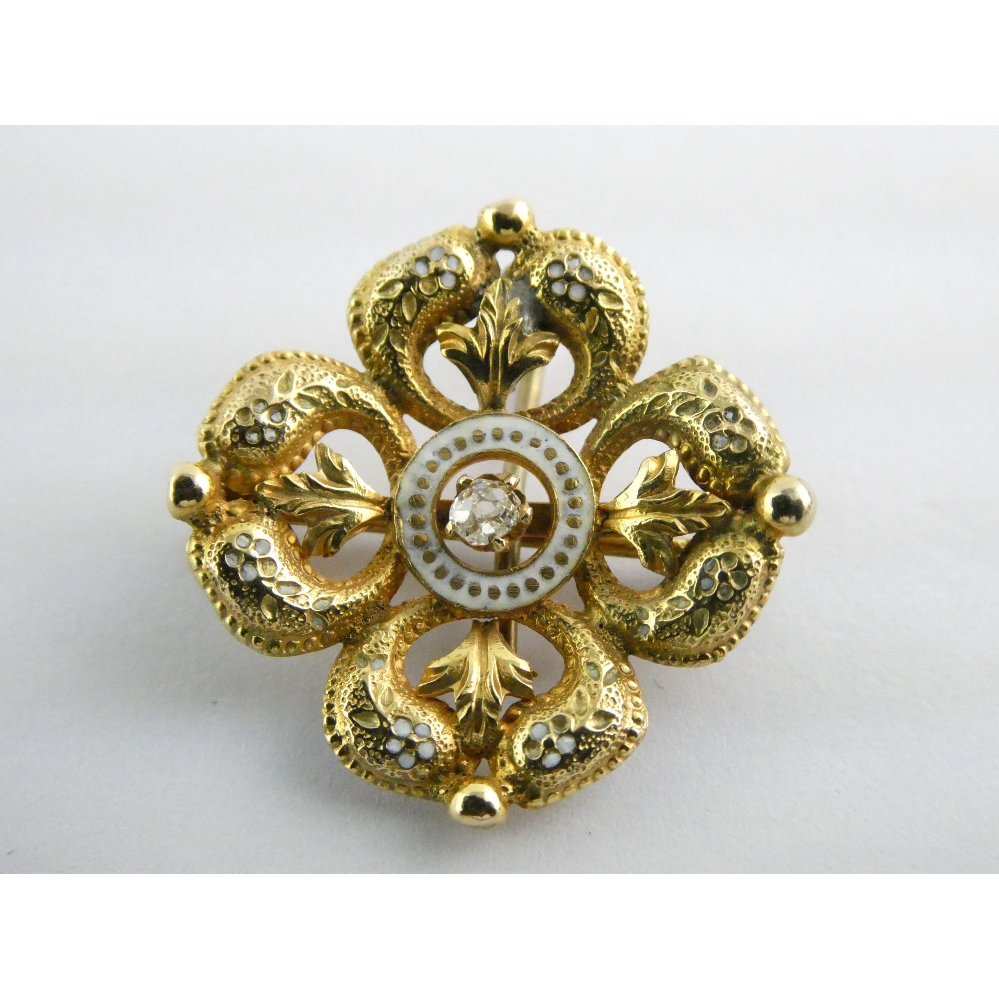 Antique 14k Gold Natural Mine Cut Diamond White Enameled Flower Pin Brooch Fob
