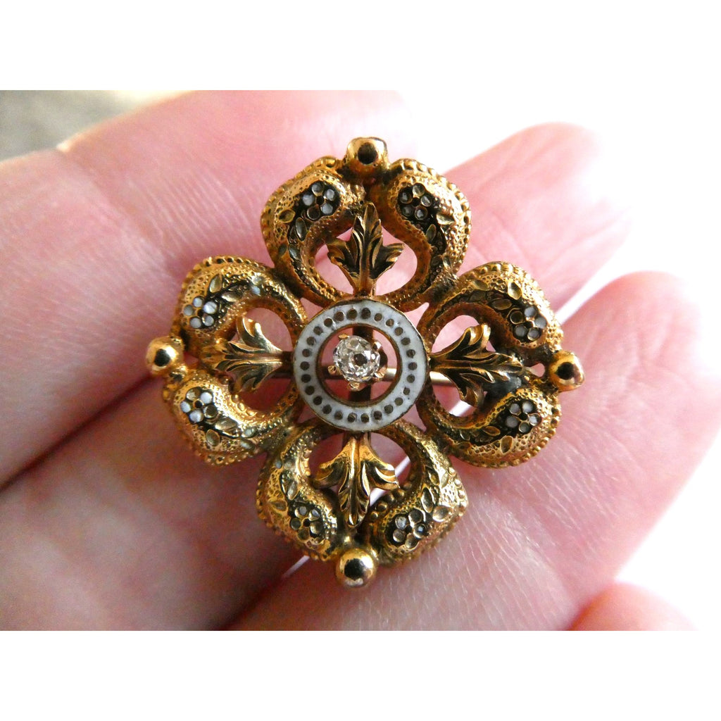Antique 14k Gold Natural Mine Cut Diamond White Enameled Flower Pin Brooch Fob
